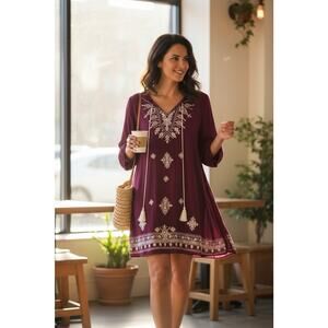 Entro Tunic Womens Fuchsia Bell Sleeve Embroidered Long Sleeve Top Tasseled M